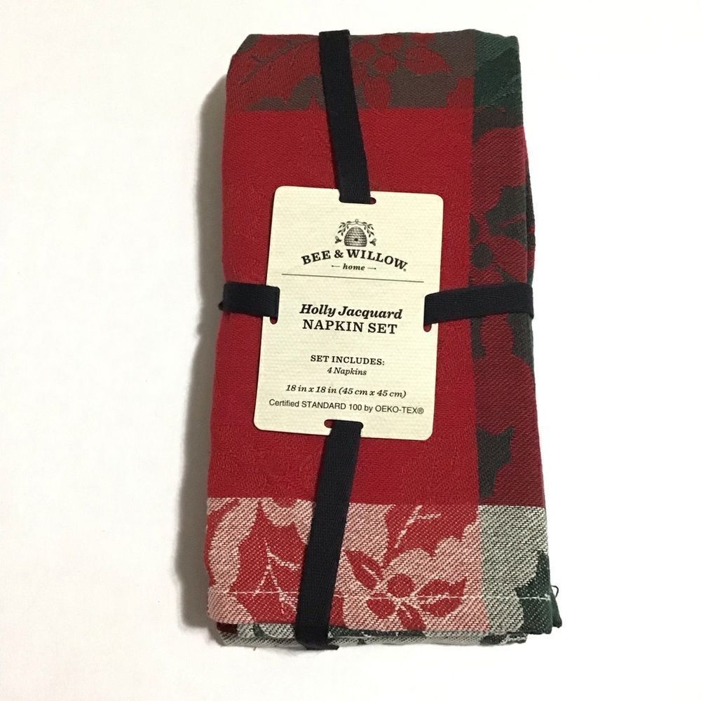 Bee & Willow Holly Jacquard Christmas Napkin‎ Set NEW